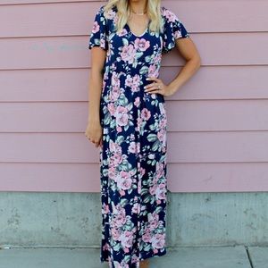 V-Neck Navy and Pink Floral Maxi Dress